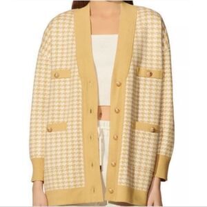joie L XL Gold White Gingham Boyfriend Cardigan Gold Button Down Pockets